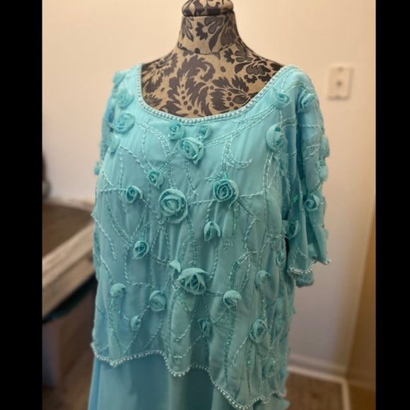 Night Scene turquoise with flower sequins pearl detail chiffon dress size 6XL - Picture 2 of 4